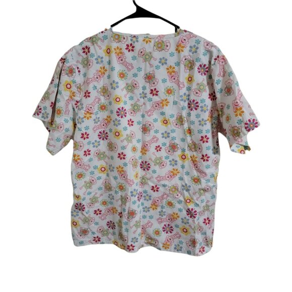 Happy Scrubs Medical Top Womens Size Small Monkey Flowers White Nursing Uniform - Picture 2 of 3